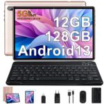 FACETEL Tablette Android 13 Tablette 10 Pouces avec 5G WiFi 12Go RAM 128Go ROM(TF 1To), GMS Certified Tablettes avec 8 Cœurs丨6000mAh丨Caméra 5MP+8MP丨Bluetooth 5.0丨Tablette avec Clavier et Souris-Rose