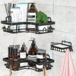 FAMKEEP Etagere Douche Sans Percage D'angle,Lot de 3 Etagere Salle de Bain,Panier de Douche Dangle avec Crochets, Etagere Salle de bain Sans Percage en Acier Inoxydable