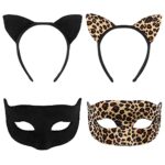 FRCOLOREnsemble de serre-tête avec oreilles de chat noires et oreilles de chat - Pour Halloween - Pour enfants et adultes - Costume de fête (noir, motif léopard)