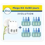 Febreze 3Volution Diffuseur Électrique de Parfum, Kit Prise + 4 Recharges (Pour Un An), Pureté De Coton, Désodorisant Maison Smart Programming, Élimination Des Odeurs