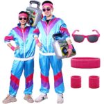 FiclwigkisDéguisement années 80 90 homme,6Pcs Deguisement Annee 80 Homme Bleu Costume avec bandeau Bracelets Lunettes fête Bad Taste,Costumes de Carnaval