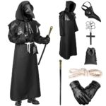 FormemoryCostume du Médecin de Peste, Deguisement Halloween Adultes avec Masque Médecin de la Peste Gants Sceptre Collier Croix Sac à Cordon Corde à Taille, Costume Medieval Homme, 8Pcs