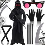 Frasheng Costume de Faucheur aux Yeux Brillants Unisexe pour Enfants,Grim Reaper Costume pour jeu de rôle,Ensemble de costumes de faucheuse d'Halloween,avec Faucille,pour Halloween Cosplay,Carnaval