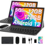 GOODTEL Tablette 10 Pouces Android 13 Tablette Tactiles 12GB RAM+128GB ROM (TF 1TB), 5G+2.4G WiFi, Octa Core, Google GMS, 6000mAh, Dual Camera, BT 5.0, 2 en 1 Tablette, avec Cas,Clavier et Souris-Gris