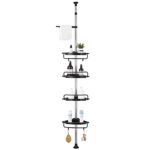 GRICOL Étagère de Douche Réglable en Hauteur Étagère d'Angle Douche Sans Percage Acier Inoxydable avec 4 Paniers et 1 Porte-Serviettes pour Baignoire et Salle de Bain 95-305CM Noir