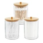 Gukasxi Lot de 3 supports en acrylique avec couvercles en bambou pour salle de bain, boîtes de salle de bain, distributeurs de boules de coton pour cotons-tiges (transparent A)