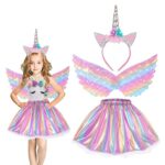 HIFOT Deguisement Princesse Enfant Licorne Fille, Jupe Tutu Avec Ailes Bandeau Licorne,Robe Princesse Fille Licorne pour Carnaval Fête Anniversaire Cadeaux