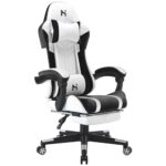HLFURNIEU Chaise Gaming, Fauteuil Gamer Hauteur Réglable, Chaise de Gaming avec Repose-Pied Télescopique, Gaming Chair Ergonomique avec Appui-tête et Support Lombaire, Siege Gaming Blanc et Noir