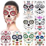 HOWAFHalloween Tatouages Temporaires pour visage (8 Feuilles), Howaf Crâne mort Floral Squelette Noir Tatouages éphémères Pour homme femme adulte Enfants Halloween Déguisement Costume Maquillage