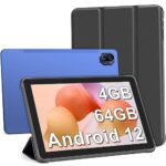Haehne Tablette 10 Pouces, Android 12 Tablette Tactile avec Coque, 4 Go RAM 64 Go ROM (128 Go Extensible), Quad-Core, Caméra 2MP + 5MP, WiFi, Bluetooth, GPS, Type-C,Bleu