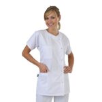 Hurry Jump Label blouse Tunique médicale Femme manches courtes col rond 3 poches Sergé 210 gramme Couleurs Blanc Pressions inoxydables Lavage Machine 90 degrés ou industriel