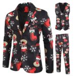 I3CKIZCECostume Homme 3 Pièces pour Noël Slim Fit Smoking Costumes Veste Gilet et Pantalon Imprimé Motif Noël