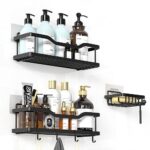 IOPHI 3 Pièces Etagere Salle de Bain Sans Percage, Etagere Douche en Inoxydable Noir avec 4 Crochets DéTachables et 1 Porte Savon Douche, pour Rangement Salle de Bain et Cuisine Accessoires