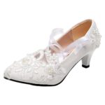 JamronFemme Élégant Dentelle Broderie Talon Plat/Hauts Blanc Chaussures de Mariée avec Perles
