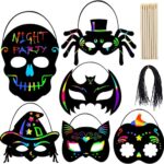 KATELUO24 PCS Masques à Gratter, Masque à Gratter D'halloween, Scratch Art Papier, Masques pour Enfants avec 24 Cordons Elastiques et 24 Stylet en Bois, pour Anniversaire Pâques Noël Halloween Mascarade