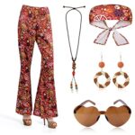 KINBOM Ensemble de Costumes Hippie des Années 60 et 70 pour Femme, Pantalon Bootcut Hippie des Années 70 Vintage Vêtements Hippie Femme Accessoires de Costume Hippie Bohème pour Femme
