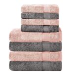 Komfortec Lot de 8 Serviettes 100% Coton 470 g/m², 4 Serviette de Bain 70x140 cm et 4 Essuie-Mains 50x100 cm, éponge Douce, Grande Taille, Gris Anthracite/Rose