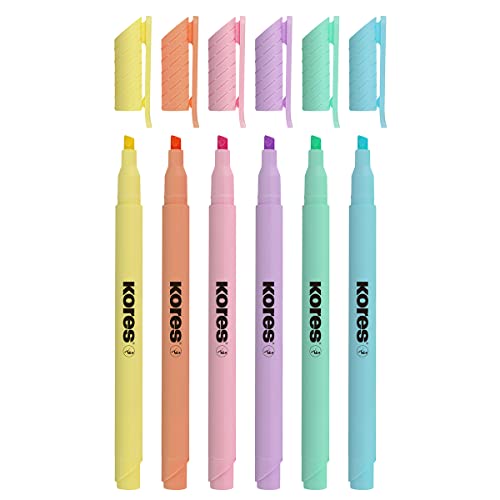 Kores - High Liner : Surligneurs Pastel Fins, Pointe Biseautée et Encre à Base d'Eau, Fournitures Scolaires et de Bureau, Paquet de 6 Couleurs Assorties