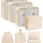LAOYE Organisateur Valise 8 en 1, Packing Cubes, Organiseurs de Bagage pour Voyage Étanche, Pochette Organisateur de Voyage avec 8 Tailles, Sacs de Voyage Rangement Imperméables Beige