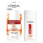 L’Oréal Paris - Fluide Anti-UV FPS 50+ Vitamine C + Vitamine E + Acide Hyaluronique - Taches, Rides & Teint Irrégulier - Fini Invisible - Protection UVB & UVA longs - Revitalift Clinical - 50 ml