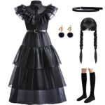 LZH Déguisement Mercredi Addams fille cosplay Costume Famille Addams robe avec perruques et boucles d'oreilles Halloween Noël Carnaval Fête Robes