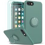 LeYi Coque pour iPhone 8/7/6 Silicone Liquid, Coque iPhone Se 2020/2022 avec 3 Verre Trempé, Anneau Support Anti-Choc Protection Complète Fine Anti-Rayure Housse Étui Vert
