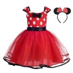 Lito Angels Deguisement Robe Princesse Minnie Enfant Fille, Anniversaire Fete Halloween Carnaval, avec Oreilles de Souris Serre-Tete, Taille 4-5 ans, Pois Rouge (étiquette en tissu 120)