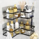 MOSUO Etagère Douche, Etagere Salle de Bain Angle 2 PCS, Etagere Douche sans Percage Acier Inoxy Rangement Salle de Bain avec 8 Crochets et 6 Adhésifs Rangement Douche Noir
