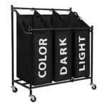 Meerveil Chariot de Linge, Panier à Linge, avec Sacs en Tissu Amovibles Durables, 3 roulettes en Métal, Cadre Métal (Noir)