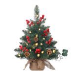 Mini Sapin de Noël avec Guirlande Lumineuse LED, Sapin de Noël Artificiel de Table avec Pommes de pin et Baies Rouges, Petit Arbre de Noël pour Maison Bureau Bar et Table à Manger