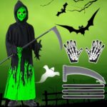 NCKIHRKK Faucheuse Costume de Fantôme Scream pour Enfant, Déguisement Zombie Enfant avec Masque Halloween, 90cm Faux, Lumineux Costume Squelette Garcon pour Jeux de Rôle, Carnaval, Fête de l'Horreur