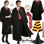 NCKIHRKKDeguisement Adulte Harry Potter, Costume Magicien Homme Femme Déguisement Cosplay Sorcier, avec Baguette, Chapeau, Cravate, Kit d'accessoires Déguisement pour Halloween Fête Carnaval Party
