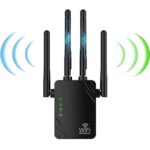Nouveau répéteur WiFi,1200Mbps 2.4G / 5G Double Bande repeteur WiFi, amplificateur Signal WiFi, 4 antennes, 2 Ports LAN, amplificateur WiFi, idéal pour Le Bureau et la Maison WiFi Extender, Noir