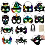 OCHILIMALot de 24 masques à gratter pour Halloween, arc-en-ciel, art à gratter magique, pour enfants, anniversaire, cosplay, décoration de salle de classe, cadeaux de fête, projets de jeux