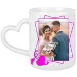 Ocadeau Mug blanc céramique coeur personnalisé photo – Mug imprimé blanc avec anse en forme de cœur – Tasse personnalisable avec poignée cœur originale