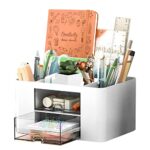 Organiseur de bureau LONNEY à 5 compartiments, porte-stylos, organisateur de table avec tiroir, organisateur de bureau multifonctionnel pour stylos, bureau, maison, école, peu encombrant, blanc
