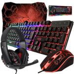 Orzly Kit de jeu Rx250 4 en 1 composé d’un clavier rétroéclairé RVB [disposition QWERTZ DE] d’une souris [jusqu'à 3200 DPI] d’un casque de jeu et d’un tapis de souris grand format, pour PC, Xbox, PS4