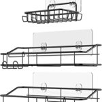 PERMUST Lot de 3 Etagère de rangement pour salle de bain avec crochets, étagères de douche pour rasoir suspendu, éponge, accessoires de cuisine, salle de bain en acier inoxydable sans perçage