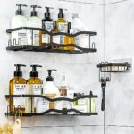 PNNP Etagere Douche sans Percage, Lot de 3 Etagere Salle de Bain avec Porte Savon Douche, Rangement Douche pour Nettoyant pour Corps de Shampoing, Accessoire Salle de Bain (Noir)