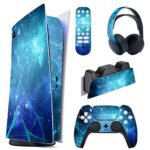 PlayVital Kit de Autocollants Skin Decal pour ps5 Sticker Vinyle pour ps5 Console&Manette&Station de Charge&Casque&Télécommande Média-Édition Numérique-Nébuleuse Bleue
