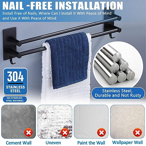 Purpledi Porte Serviette Salle de Bain, Porte Serviette Murale, Barres Porte-Serviettes Auto-Adhésif Support De Serviettes en Acier Inoxydable 40cm pour Salle De Bain Ou Cuisine, Noir – Image 4