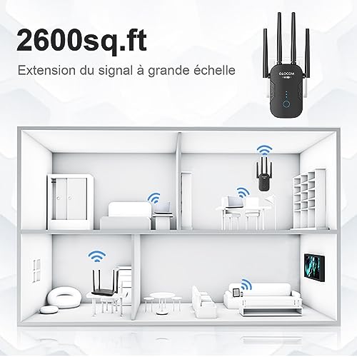 QLOCOM 2023 Nouveau Répéteur WiFi Puissant 1200Mbps, Amplificateur WiF Puissant Double Bande 5GHz & 2.4GHz WiFi Extender avec WPS, WiFi Booster Compatible avec Toutes Les Box – Image 3