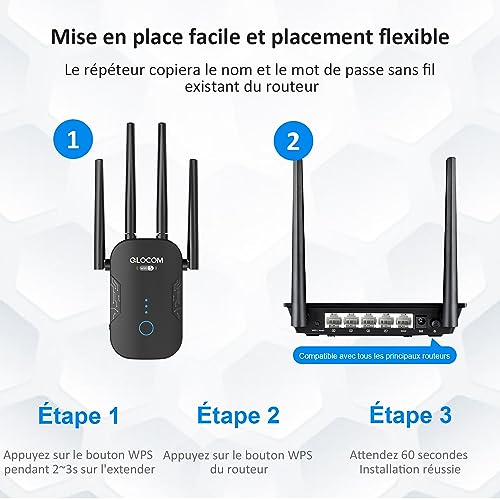 QLOCOM 2023 Nouveau Répéteur WiFi Puissant 1200Mbps, Amplificateur WiF Puissant Double Bande 5GHz & 2.4GHz WiFi Extender avec WPS, WiFi Booster Compatible avec Toutes Les Box – Image 4