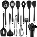 ROYOUZI 22Pcs Ustensiles de Cuisine, Silicone Ustensiles de Cuisine Kit sans BPA, Kit d'Ustensiles de Bois, avec Pot de Rangement, Noir