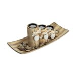 Relaxdays Porte-Bougies en lot avec Plateau et Pierres, 34 cm de Longueur, 3 bougeoirs, décoration Table Salon, Marron