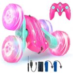 Rodzon Voiture Télécommandée Enfant, 360°Rotation Camion Cascadeuse avec Feux de Roue, 2.4GHz RC Voiture Radiocommandee Jeux Extérieur Jouet Cadeau pour Garçon Fille 3-12 Ans, 2 x Batterie (Rose)