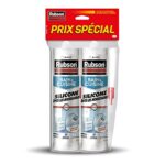 Rubson Mastic Bain & Cuisine Pure Silicone Anti-Moisissures Blanc, mastic sanitaire à base de silicone, mastic étanche renforcé en antifongique, lot de 2 cartouches 280 ml