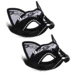 SOLUSTRESOLUSTRE 2 Pièces Vénitien Mascarade Noir De Luxe Sexy Dentelle Cat Eye pour Fantaisie Robe De Noël Halloween Costume Party Filles Femmes