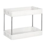 SONGMICS Rangement sous Évier, Étagère Cuisine, Demi-étagère Placard, 2 Niveaux, avec 6 Crochets, Organisateur sous Vasque, pour Salle de Bain, Blanc BUO001W01