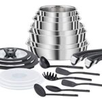 Seb Compact Inox Batterie de cuisine 20 pièces, Induction, Poêles 22/24/26 cm, Casseroles 16/18/20 cm, Sauteuse 24 cm, Couvercles verre + conservation, Spatules, Poignées L953SK04